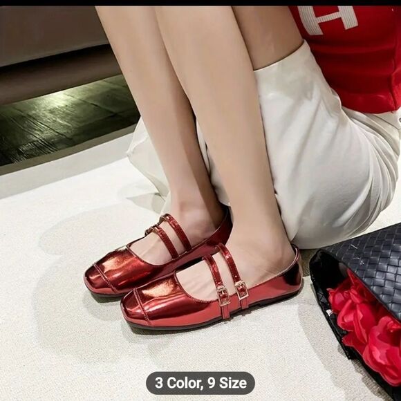 Womens Cherry Red Metallic Square Toe Double Strap Mary Jane Shoes/flats sz 11.5 - Picture 11 of 11